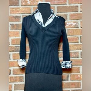 White House Black Market Black Ribbed V-Neck Sweater